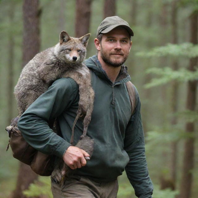 A capable hunter in wilderness attire, carrying a caught animal over his strong shoulder against a forest backdrop.