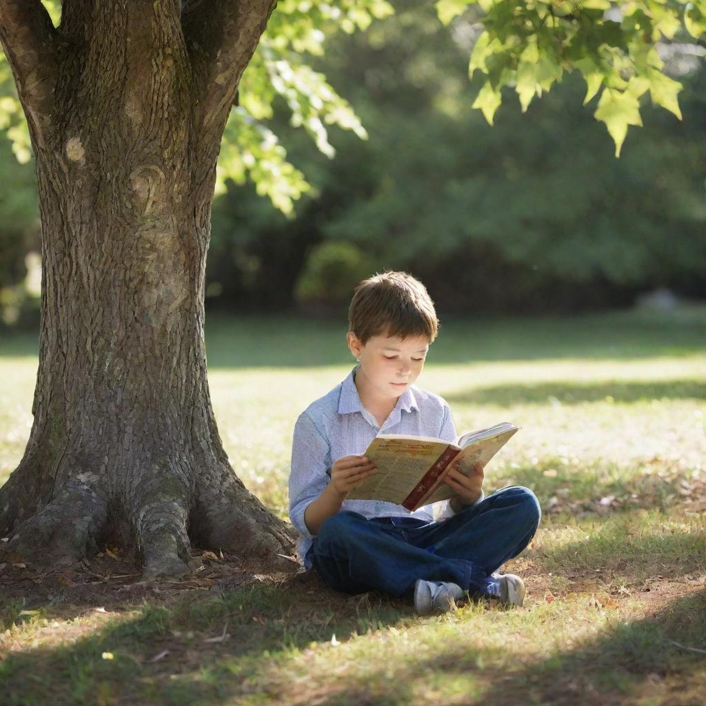 A young boy deeply engrossed in reading a book, sitting under a tree with daylight filtering through the leaves.