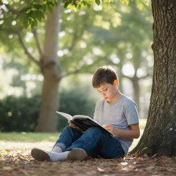 A young boy deeply engrossed in reading a book, sitting under a tree with daylight filtering through the leaves.