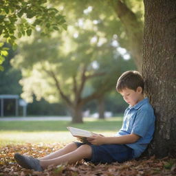 A young boy deeply engrossed in reading a book, sitting under a tree with daylight filtering through the leaves.