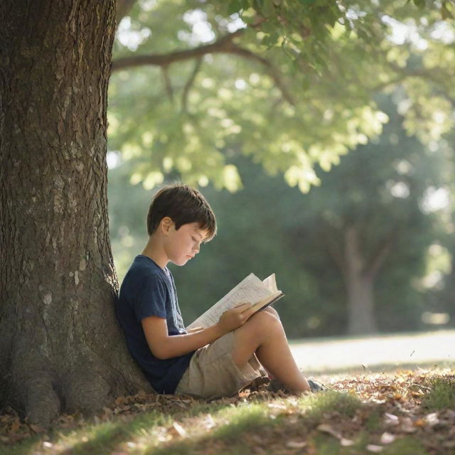 A young boy deeply engrossed in reading a book, sitting under a tree with daylight filtering through the leaves.