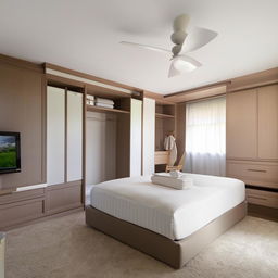 A spacious bedroom featuring a double-sized bed, an attached compact twin baby bed with integrated storage, a wall mounted TV with a space for a mini fridge underneath, and an elegant dressing table.