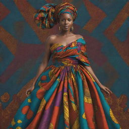 Generate an African tale AI-animated cartoon depicting an African woman draped in a vibrant gown made from distinctive African fabrics.