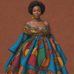 Generate an African tale AI-animated cartoon depicting an African woman draped in a vibrant gown made from distinctive African fabrics.