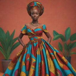 Generate an African tale AI-animated cartoon depicting an African woman draped in a vibrant gown made from distinctive African fabrics.