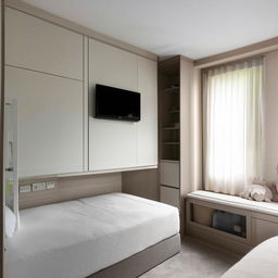 A spacious bedroom featuring a double-sized bed, an attached compact twin baby bed with integrated storage, a wall mounted TV with a space for a mini fridge underneath, and an elegant dressing table.