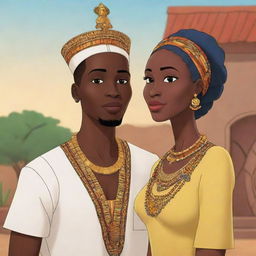 Generate an AI-animated African tale cartoon, illustrating the legendary tale of Amina that spreads far and wide. This story serves as a testament to love, resilience, and the timeless connection between a wise African woman and a prince who transcends appearances to appreciate the essence of a kindred spirit.