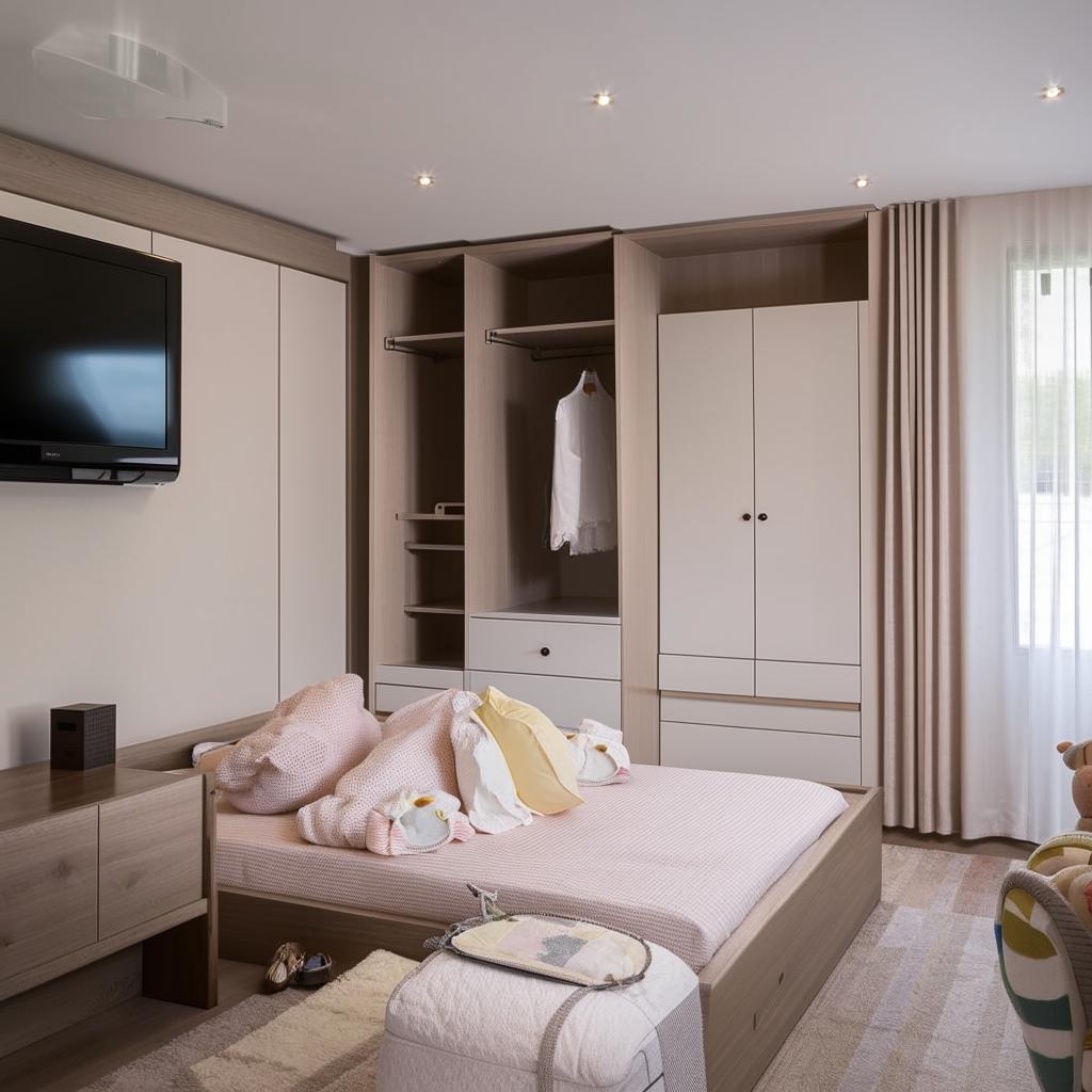 A spacious bedroom featuring a double-sized bed, an attached compact twin baby bed with integrated storage, a wall mounted TV with a space for a mini fridge underneath, and an elegant dressing table.