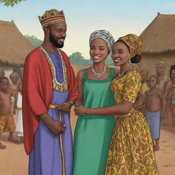 In an African tale cartoon, exhibit the villagers hailing Amina as a heroine and Prince Kofi realizing her deep wisdom and strength. Illustrate their friendship maturing into authentic love. The scene reaches its crescendo as the king, recognizing the unity they brought to the kingdom, blesses their union.