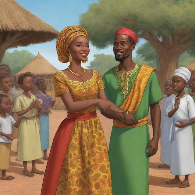 In an African tale cartoon, exhibit the villagers hailing Amina as a heroine and Prince Kofi realizing her deep wisdom and strength. Illustrate their friendship maturing into authentic love. The scene reaches its crescendo as the king, recognizing the unity they brought to the kingdom, blesses their union.