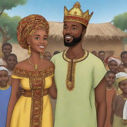 In an African tale cartoon, exhibit the villagers hailing Amina as a heroine and Prince Kofi realizing her deep wisdom and strength. Illustrate their friendship maturing into authentic love. The scene reaches its crescendo as the king, recognizing the unity they brought to the kingdom, blesses their union.