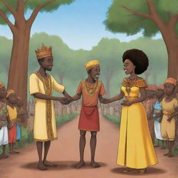 In an African tale cartoon, exhibit the villagers hailing Amina as a heroine and Prince Kofi realizing her deep wisdom and strength. Illustrate their friendship maturing into authentic love. The scene reaches its crescendo as the king, recognizing the unity they brought to the kingdom, blesses their union.