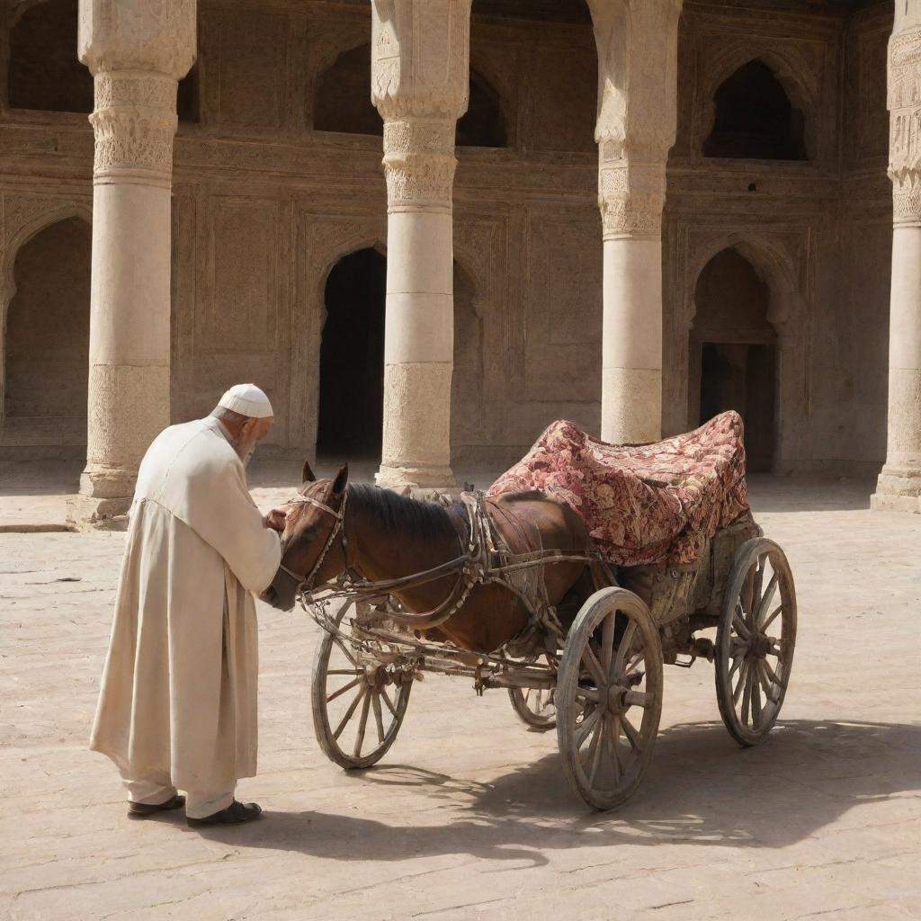 An elderly man with a robust beard, dressed in traditional attire, is at the foreground, engaged in prayer inside an ancient mosque. Outside the mosque, classic horse buggies wait patiently, setting a scene from a previous era.