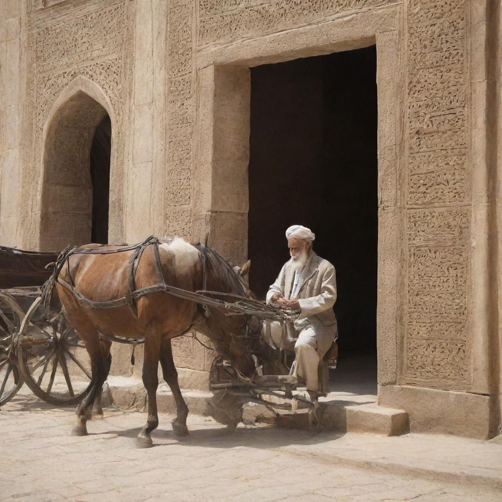 An elderly man with a robust beard, dressed in traditional attire, is at the foreground, engaged in prayer inside an ancient mosque. Outside the mosque, classic horse buggies wait patiently, setting a scene from a previous era.