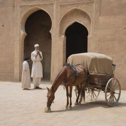 An elderly man with a robust beard, dressed in traditional attire, is at the foreground, engaged in prayer inside an ancient mosque. Outside the mosque, classic horse buggies wait patiently, setting a scene from a previous era.