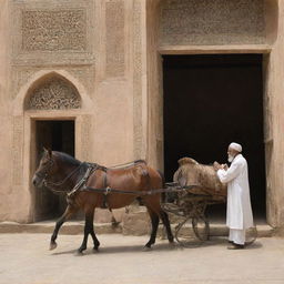 An elderly man with a robust beard, dressed in traditional attire, is at the foreground, engaged in prayer inside an ancient mosque. Outside the mosque, classic horse buggies wait patiently, setting a scene from a previous era.