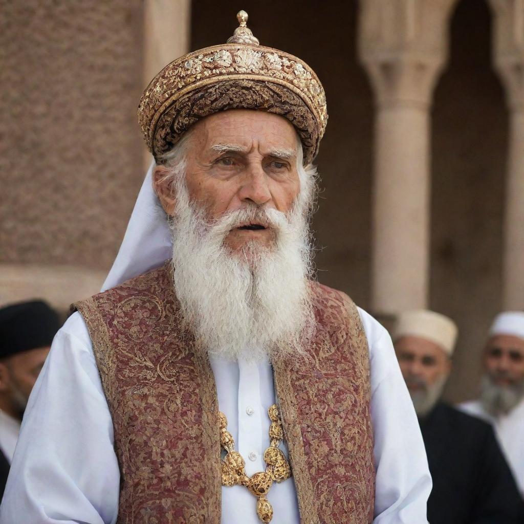 An elderly man with a long, flowing beard, adorned in traditional religious clothing, fervently addressing the assembly within an intricately designed, ancient mosque.