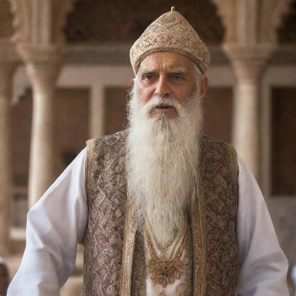 An elderly man with a long, flowing beard, adorned in traditional religious clothing, fervently addressing the assembly within an intricately designed, ancient mosque.