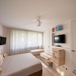 A spacious bedroom featuring a double-sized bed, an attached compact twin baby bed with integrated storage, a wall mounted TV with a space for a mini fridge underneath, and an elegant dressing table.