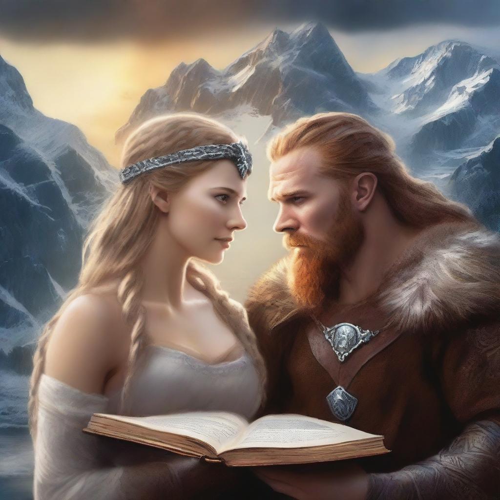 A high-quality digital art image, vividly depicting a Viking love story on a book cover