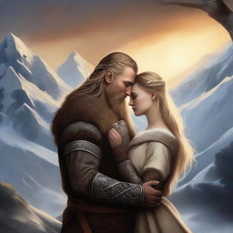 A high-quality digital art image, vividly depicting a Viking love story on a book cover