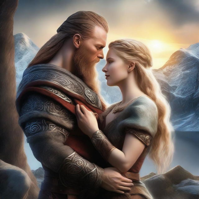 A high-quality digital art image, vividly depicting a Viking love story on a book cover