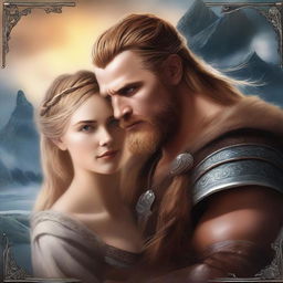 A high-quality digital art image, vividly depicting a Viking love story on a book cover