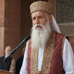 An elderly man with a long, flowing beard, adorned in traditional religious clothing, fervently addressing the assembly within an intricately designed, ancient mosque.