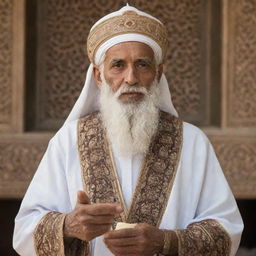 An elderly man with a long, flowing beard, adorned in traditional religious clothing, fervently addressing the assembly within an intricately designed, ancient mosque.