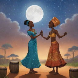 Create an AI-generated African tale cartoon where Amina and Prince lead a ceremony invoking the spirits of rain. Illustrate them dancing under the moonlit sky, their voices harmonizing with the rhythm of drums. At the climax, visualize gathering clouds.