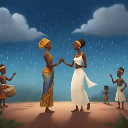 Create an AI-generated African tale cartoon where Amina and Prince lead a ceremony invoking the spirits of rain. Illustrate them dancing under the moonlit sky, their voices harmonizing with the rhythm of drums. At the climax, visualize gathering clouds.