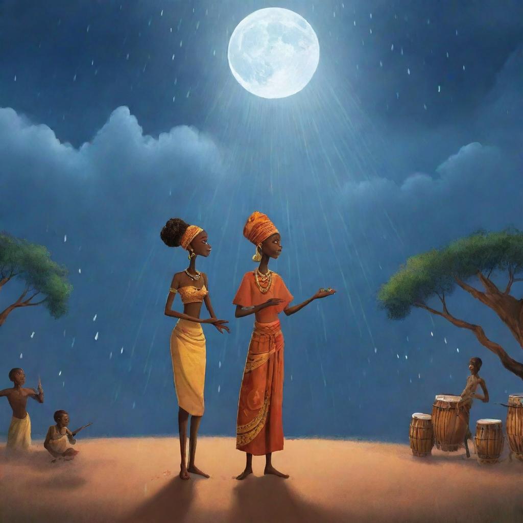 Create an AI-generated African tale cartoon where Amina and Prince lead a ceremony invoking the spirits of rain. Illustrate them dancing under the moonlit sky, their voices harmonizing with the rhythm of drums. At the climax, visualize gathering clouds.