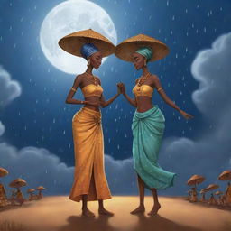 Create an AI-generated African tale cartoon where Amina and Prince lead a ceremony invoking the spirits of rain. Illustrate them dancing under the moonlit sky, their voices harmonizing with the rhythm of drums. At the climax, visualize gathering clouds.