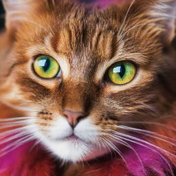 A vibrant, color-rich image of a cat showcasing its brilliantly hued fur and sparkling eyes