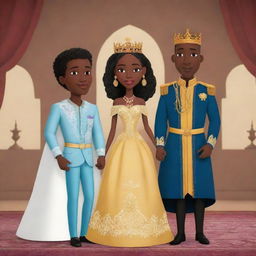 Generate an AI animated African tale cartoon featuring a prince and princess, highlighting their royal mannerisms, distinctive attire, interactions, and the influence they exert within their kingdom.