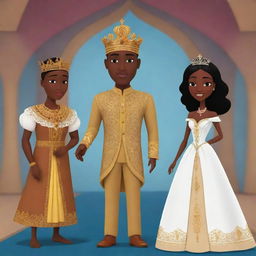 Generate an AI animated African tale cartoon featuring a prince and princess, highlighting their royal mannerisms, distinctive attire, interactions, and the influence they exert within their kingdom.