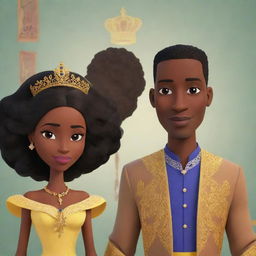 Generate an AI animated African tale cartoon featuring a prince and princess, highlighting their royal mannerisms, distinctive attire, interactions, and the influence they exert within their kingdom.