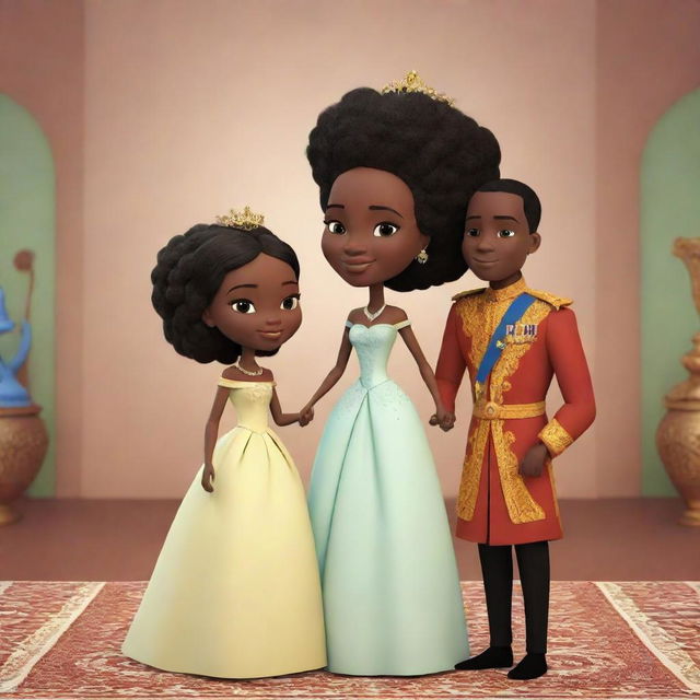 Generate an AI animated African tale cartoon featuring a prince and princess, highlighting their royal mannerisms, distinctive attire, interactions, and the influence they exert within their kingdom.