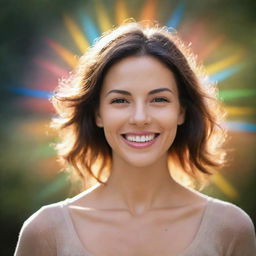 Generate an image of a person with a radiant, positive spirit, always wearing a smile, and embodying an aura that signifies her helpful essence towards all people.