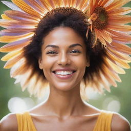 Generate an image of a person with a radiant, positive spirit, always wearing a smile, and embodying an aura that signifies her helpful essence towards all people.