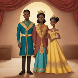 Create a cartoon for an African tale featuring a prince and princess, emphasizing their royal demeanor, traditional attire, and the dynamic of their relationship within their kingdom.