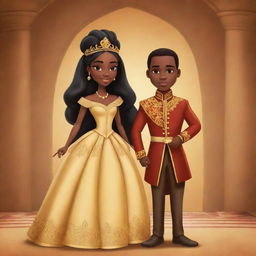 Create a cartoon for an African tale featuring a prince and princess, emphasizing their royal demeanor, traditional attire, and the dynamic of their relationship within their kingdom.