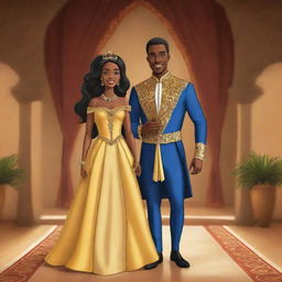 Create a cartoon for an African tale featuring a prince and princess, emphasizing their royal demeanor, traditional attire, and the dynamic of their relationship within their kingdom.