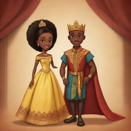 Create a cartoon for an African tale featuring a prince and princess, emphasizing their royal demeanor, traditional attire, and the dynamic of their relationship within their kingdom.