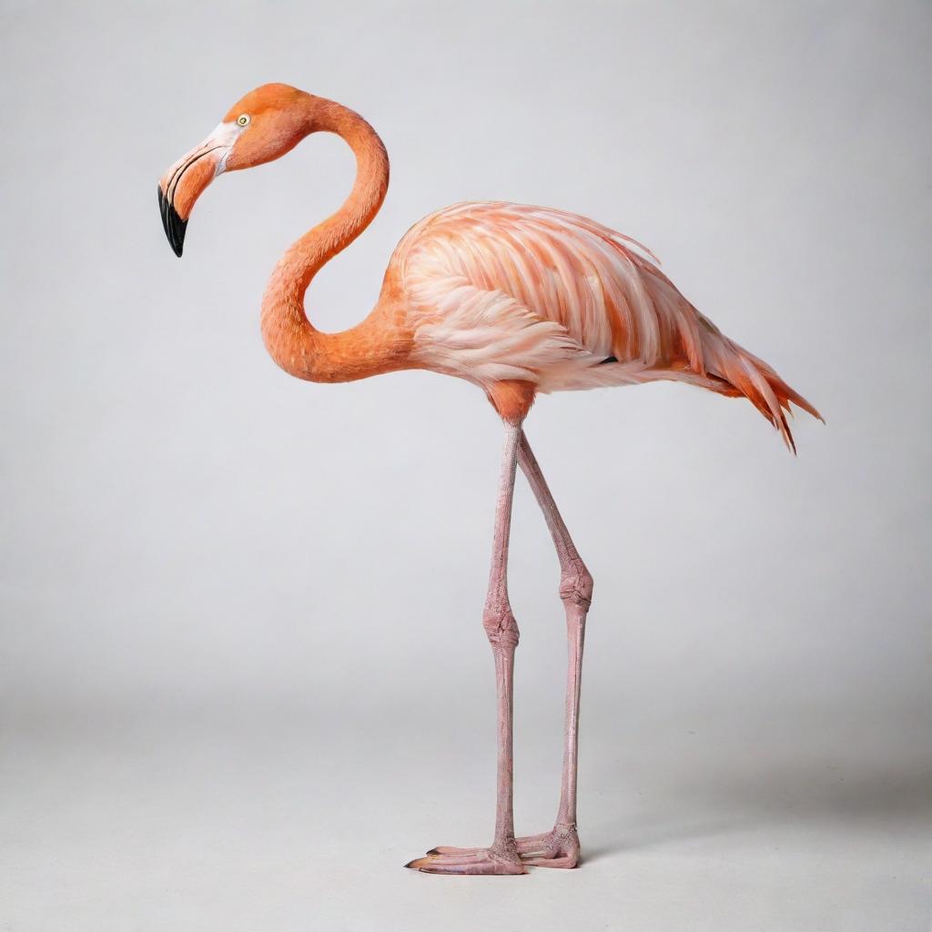 A graceful flamingo poised elegantly, set against a pure white background.