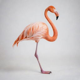 A graceful flamingo poised elegantly, set against a pure white background.