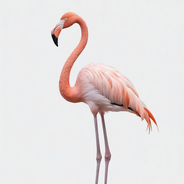 A graceful flamingo poised elegantly, set against a pure white background.