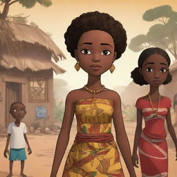 Generate an AI-created cartoon showcasing an engaging African tale, composed of various captivating narrative phases, evoking the rich African cultural tradition through lively characters, vivid settings, and a compelling storyline.