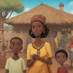 Generate an AI-created cartoon showcasing an engaging African tale, composed of various captivating narrative phases, evoking the rich African cultural tradition through lively characters, vivid settings, and a compelling storyline.