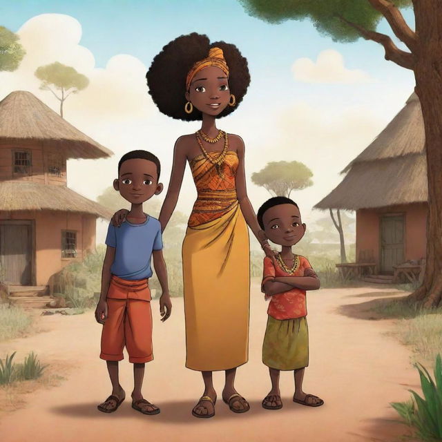 Generate an AI-created cartoon showcasing an engaging African tale, composed of various captivating narrative phases, evoking the rich African cultural tradition through lively characters, vivid settings, and a compelling storyline.